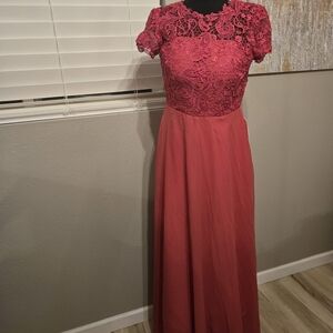 Lace Bodice Short Sleeve Maxi Dress in Coral Pink